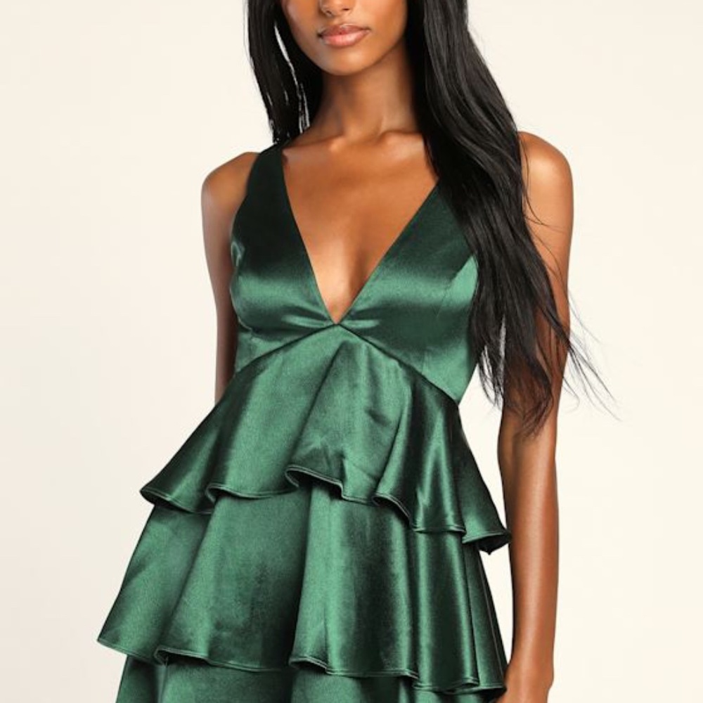 Lulus Tiers Of Joy Emerald Green Satin Tie-back Tiered Mini Dress - Size XS